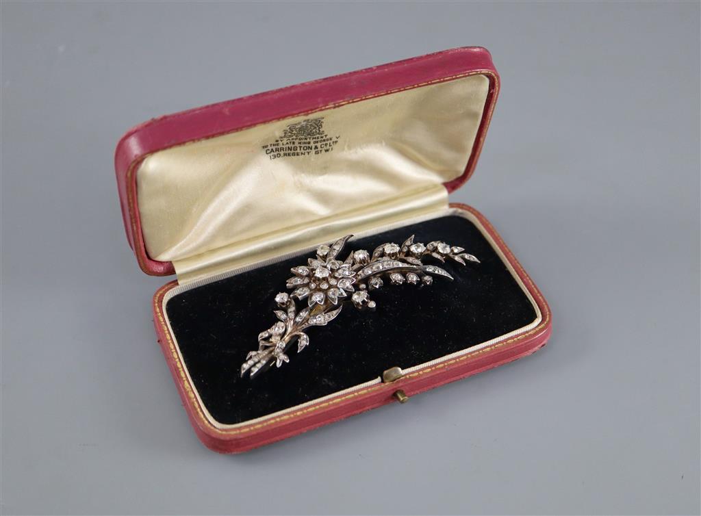 A Victorian gold, silver, old mine and rose cut diamond set foliate spray brooch,